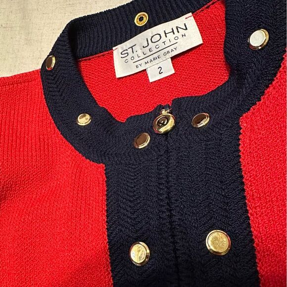 St. John Red Navy Zip Sweater Jacket Sz 2 Santana Knit Studded Preppy Office - Picture 11 of 13